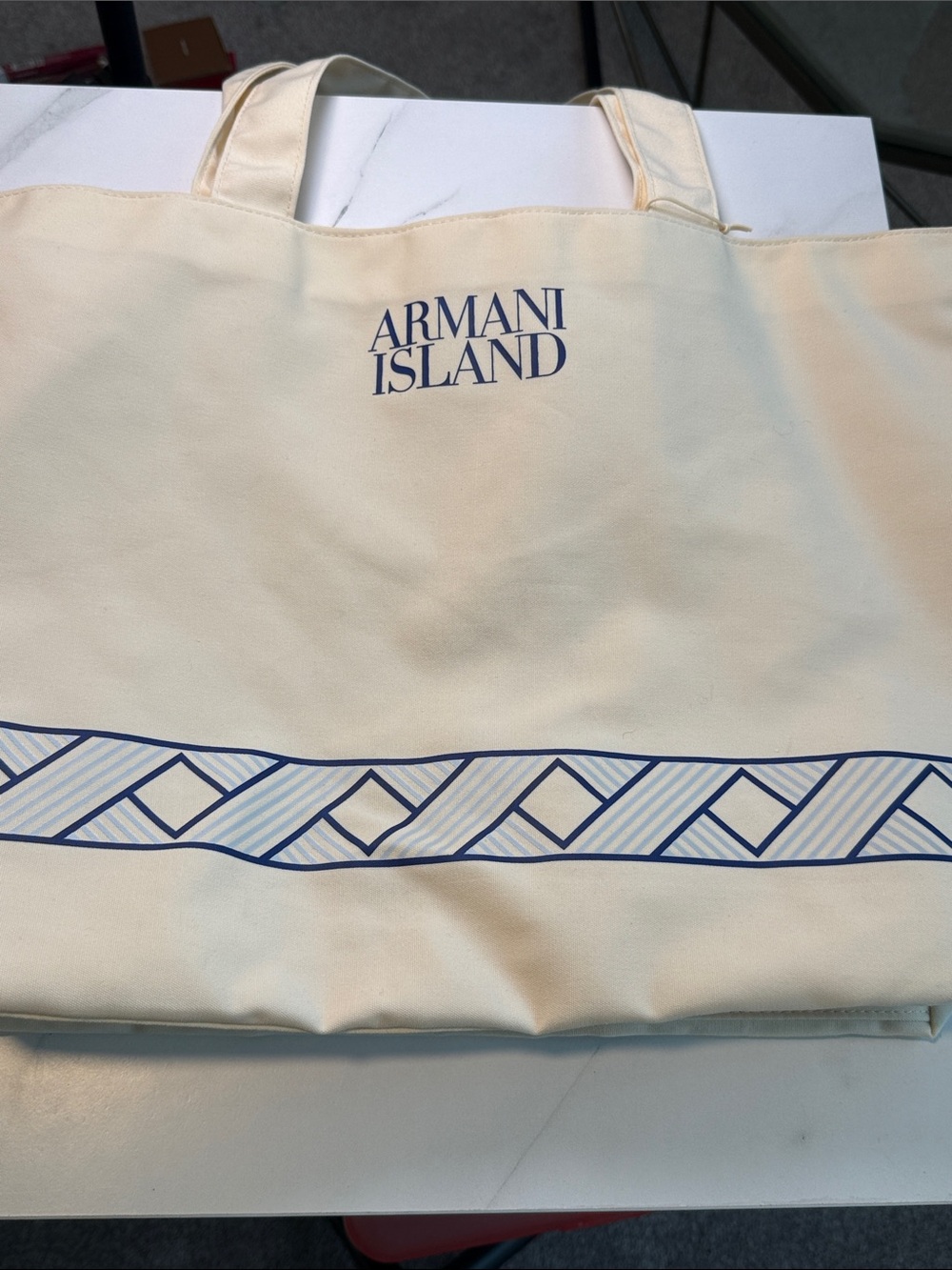 Giorgio Armani Cream Tote Bag with Blue Trim